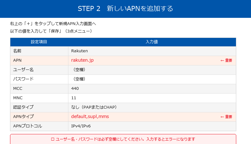楽天モバイル APN設定 Android STEP2 APN入力画面